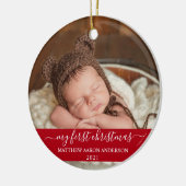 Stijlvol script Red Mijn eerste kerstBaby Keramisch Ornament (Links)