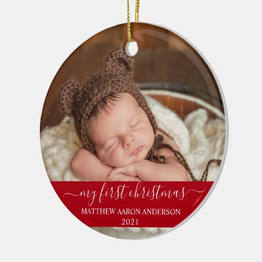 Stijlvol script Red Mijn eerste kerstBaby Keramisch Ornament (Links)