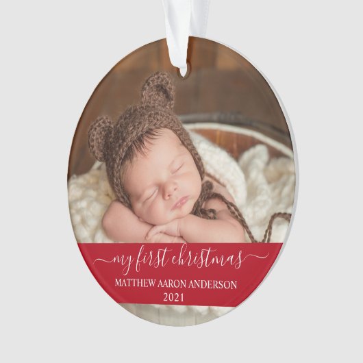 Stijlvol script Red Mijn eerste kerstBaby Ornament (voorkant)