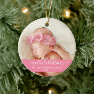 Stijlvol script Roze Mijn eerste kerstBaby Keramisch Ornament