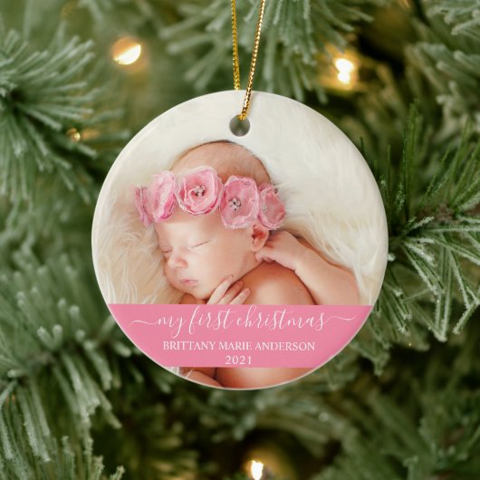 Stijlvol script Roze Mijn eerste kerstBaby Keramisch Ornament (Boom)