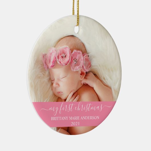 Stijlvol script Roze Mijn eerste kerstBaby Keramisch Ornament (Rechts)