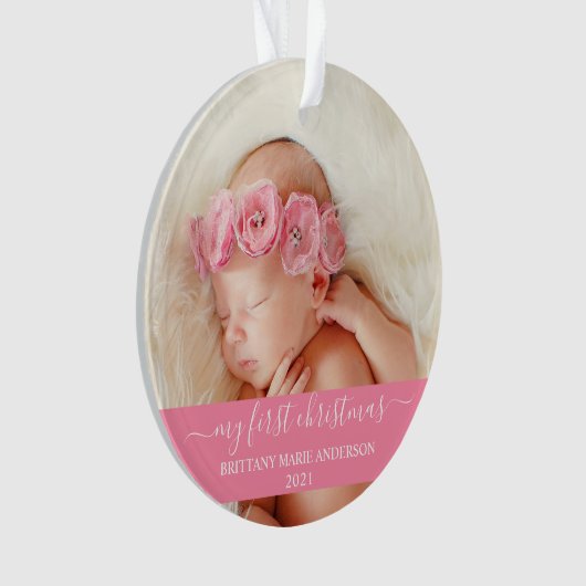 Stijlvol script Roze Mijn eerste kerstBaby Ornament (voorkant)