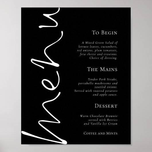 Stijlvol Script Simpel Zwart Huwelijksmenu Poster (Voorkant)