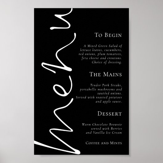 Stijlvol Script Simple Black Wedding Menu Poster (Voorkant)