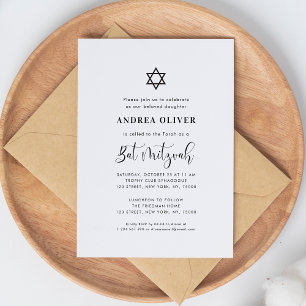 Stijlvol Script Ster van David Witte Bat Mitzvah Kaart