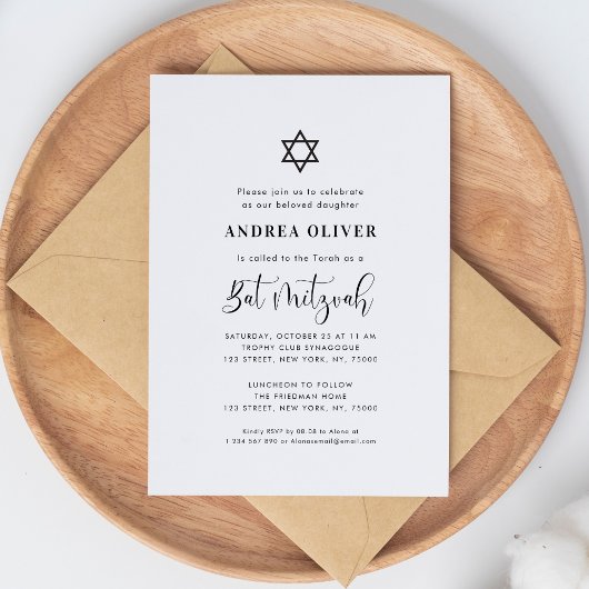 Stijlvol Script Ster van David Witte Bat Mitzvah Kaart