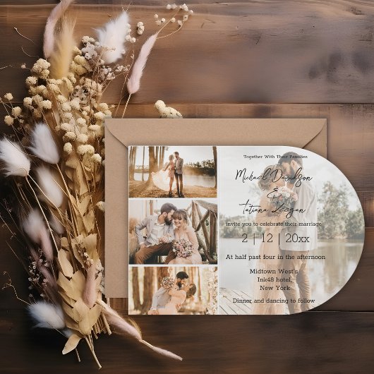 stijlvol script vier foto collage boog bruiloft kaart
