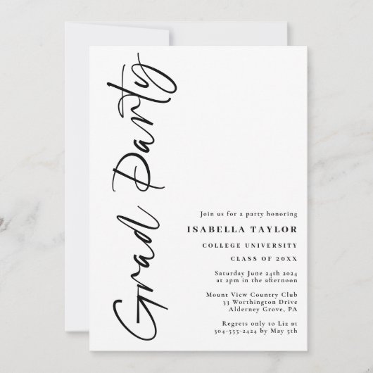 Stijlvol script zwart wit afstudeerfeest kaart (Voorkant)