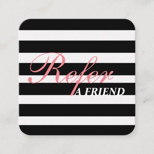 Stijlvol Script Zwart & Wit Stipes Schoonheidsspec Aanbevelingskaartje (Voorkant)