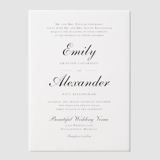 Stijlvol Script Zwart Wit Trouwen Vellum Uitnodigingen (Voorkant)