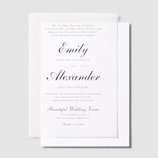 Stijlvol Script Zwart Wit Trouwen Vellum Uitnodigingen (Offset)