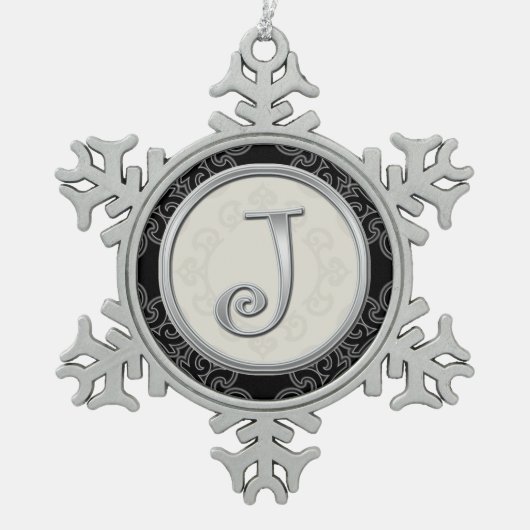 Stijlvol Silver Monogram J Kerstmis Tin Sneeuwvlok Ornament (Voorkant)