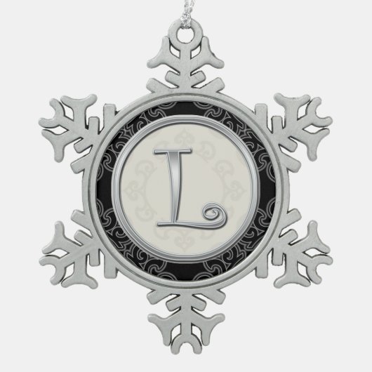 Stijlvol Silver Monogram L Kerstmis Tin Sneeuwvlok Ornament (Voorkant)