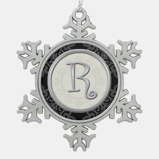 Stijlvol Silver Monogram R Kerstmis Tin Sneeuwvlok Ornament (Voorkant)