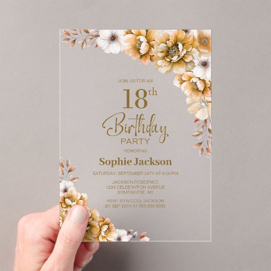 Stijlvol Sinaasappel Bloemen 18e Verjaardagsfeest Acryl Uitnodigingen (Insitu (Draagbaar))