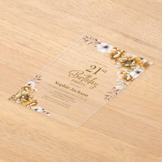 Stijlvol Sinaasappel Bloemen 21ste Verjaardagsfees Acryl Uitnodigingen (Laagn)
