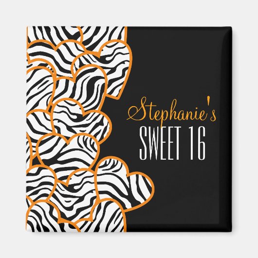 Stijlvol Sinaasappel Sweet 16 Zebra Heart Design N Magneet (Voorkant)