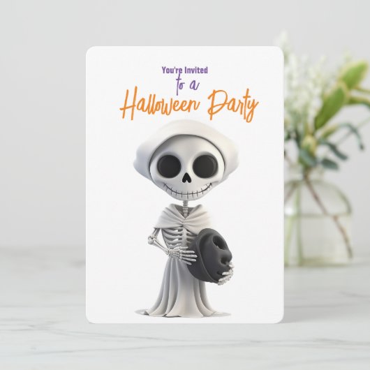STIJLVOL SKELET HALLOWEEN PARTY KAART (Staand voorkant)