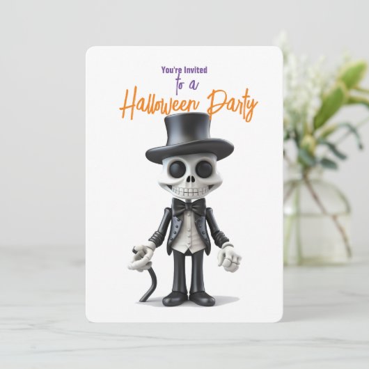 STIJLVOL SKELET IN ZWART PAK HALLOWEEN PARTY KAART (Staand voorkant)