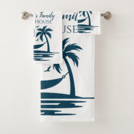 Stijlvol strandhuis palmboom hangmat familienaam bad handdoek