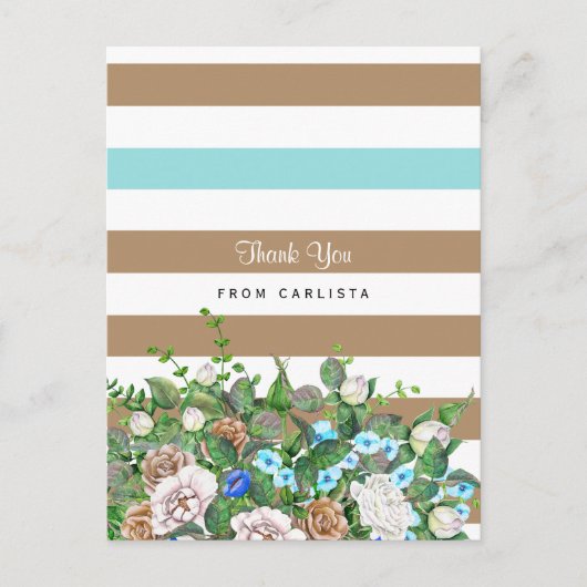 Stijlvol Tan en Aqua Floral en Stripes Dank u Briefkaart (Voorkant)