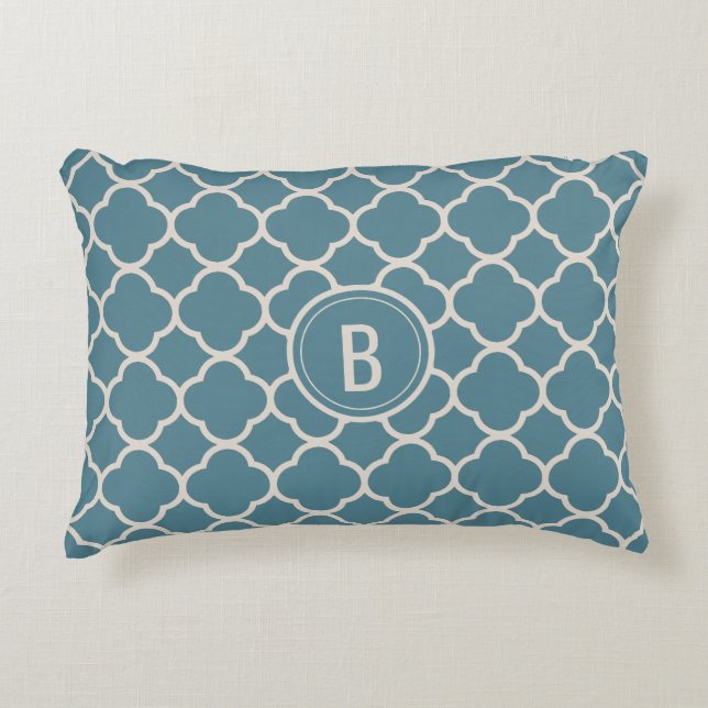Stijlvol Teal Monogram Vierbladpatroon Decoratieve Accent Kussen (Voorkant)