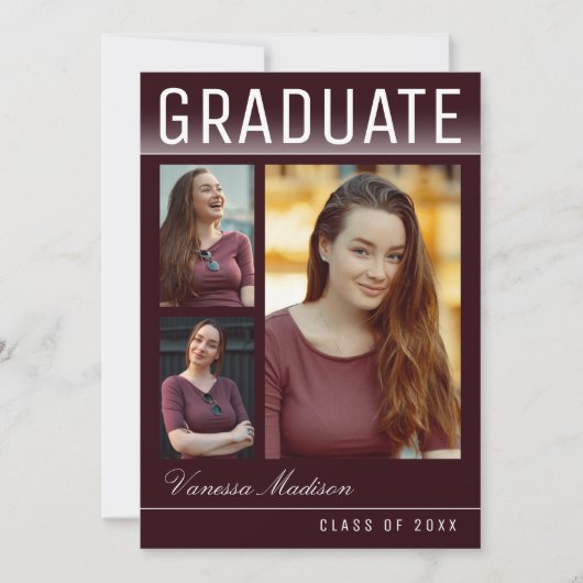 Stijlvol Trendy Modern 3 Foto Burgundy Afstuderen Aankondiging (Voorkant)