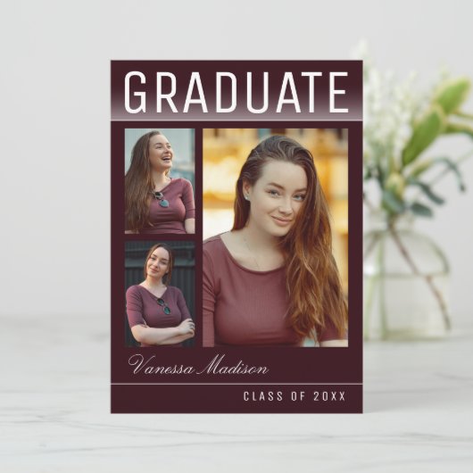 Stijlvol Trendy Modern 3 Foto Burgundy Afstuderen Aankondiging (Staand voorkant)