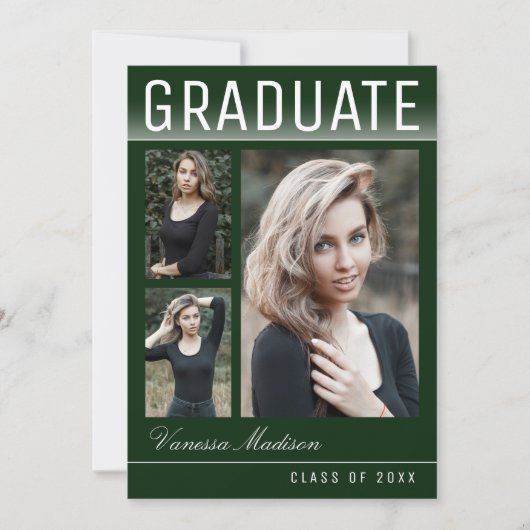 Stijlvol Trendy Modern 3 Fotogroen Afstuderen Aankondiging (Voorkant)