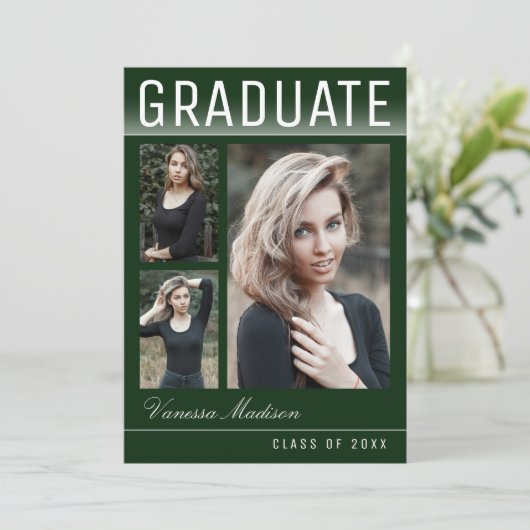 Stijlvol Trendy Modern 3 Fotogroen Afstuderen Aankondiging (Staand voorkant)