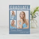 Stijlvol Trendy Modern 3 Photo Blue Afstuderen Aankondiging (Staand voorkant)