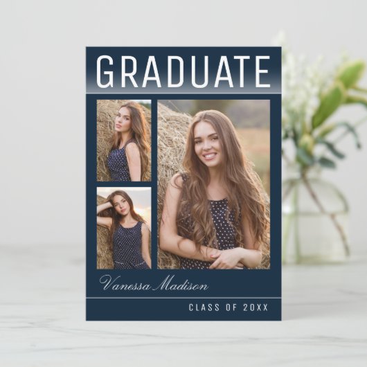 Stijlvol Trendy Modern 3 Photo Navy Blue Afstudere Aankondiging (Staand voorkant)