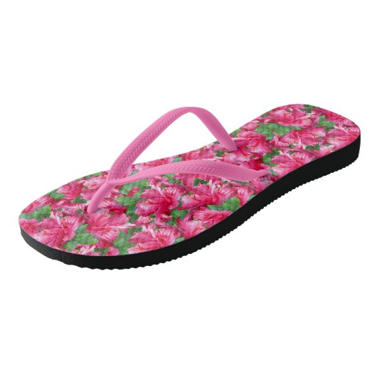 Stijlvol tropisch roze hibiscus bloesems teenslippers (Schuin)