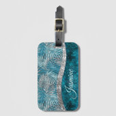 Stijlvol turkooizen zilverglitter verlaat monogram bagagelabel (Voorkant (verticaal))