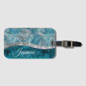 Stijlvol turkooizen zilverglitter verlaat monogram bagagelabel (Voorkant (horizontaal))