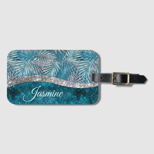 Stijlvol turkooizen zilverglitter verlaat monogram bagagelabel (Voorkant (horizontaal))