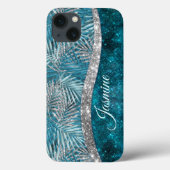 Stijlvol turkooizen zilverglitter verlaat monogram Case-Mate iPhone case (Achterkant)