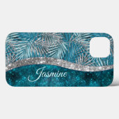 Stijlvol turkooizen zilverglitter verlaat monogram Case-Mate iPhone case (Achterkant (horizontaal))