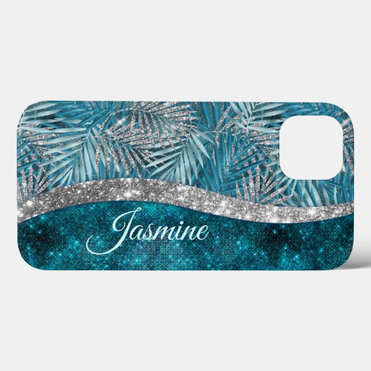 Stijlvol turkooizen zilverglitter verlaat monogram Case-Mate iPhone case (Achterkant (horizontaal))