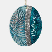 Stijlvol turkooizen zilverglitter verlaat monogram keramisch ornament (Rechts)