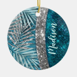 Stijlvol turkooizen zilverglitter verlaat monogram keramisch ornament