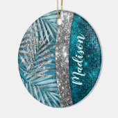 Stijlvol turkooizen zilverglitter verlaat monogram keramisch ornament (Links)