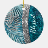 Stijlvol turkooizen zilverglitter verlaat monogram keramisch ornament (Achterkant)