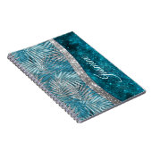 Stijlvol turkooizen zilverglitter verlaat monogram notitieboek (Rechterzijde)