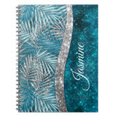 Stijlvol turkooizen zilverglitter verlaat monogram notitieboek (Voorkant)