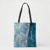 Stijlvol turkooizen zilverglitter verlaat monogram tote bag (Voorkant)