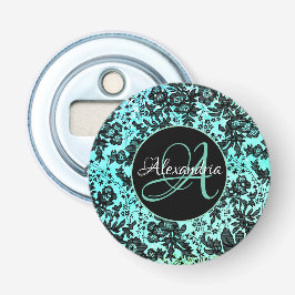 Stijlvol Turquoise Blue en Black Floral Monogram Button Flesopener