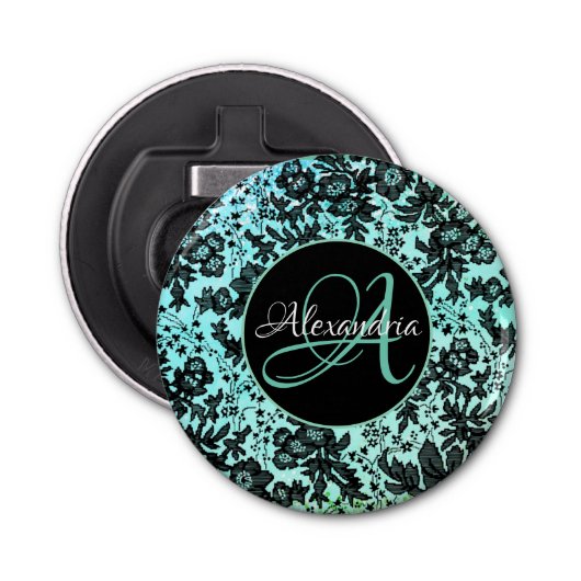 Stijlvol Turquoise Blue en Black Floral Monogram Button Flesopener (Voorkant)