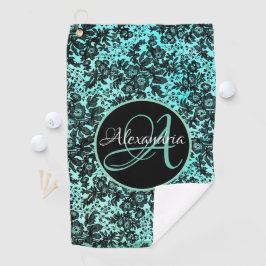 Stijlvol Turquoise Blue en Black Floral Monogram Golfhanddoek
